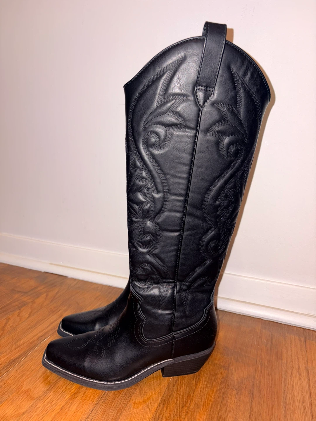 Black Faux Leather Cowboy Boots