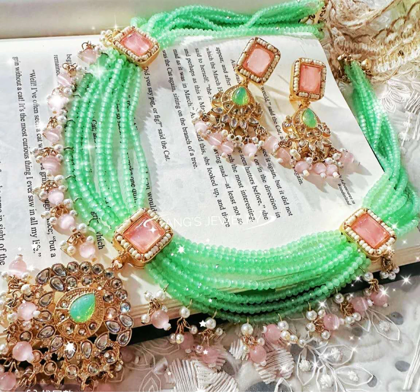 Green beaded necklace and earring set with pink accents - photo 4