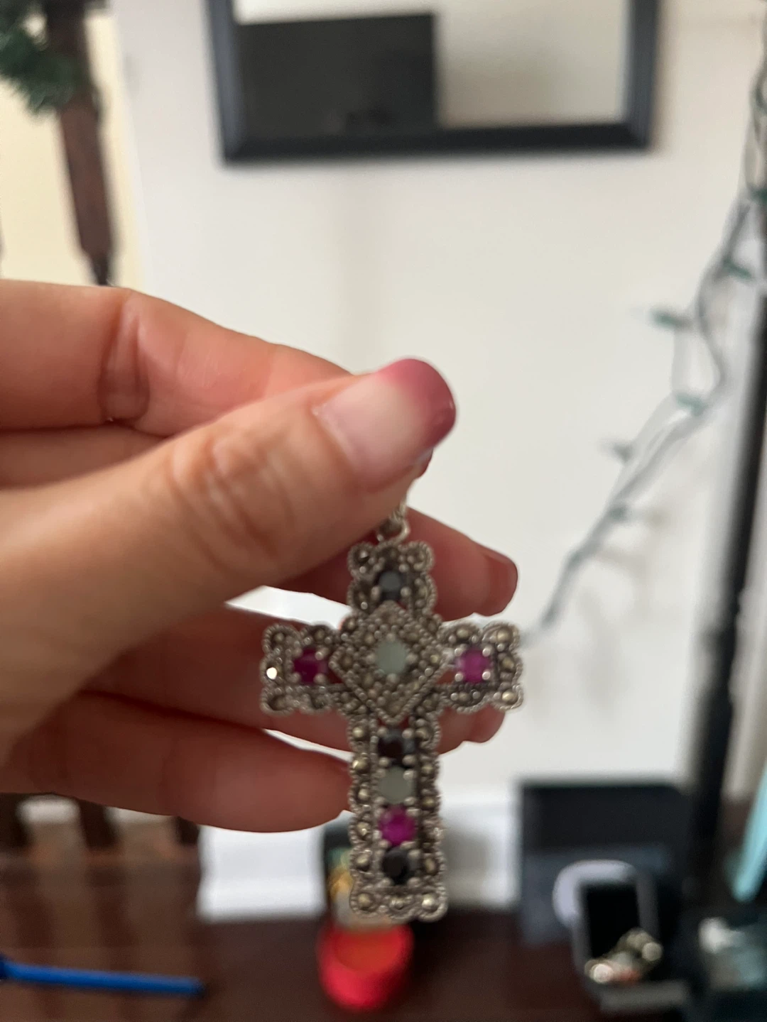 Cross Pendant Necklace with Pink and Black Stones - photo 2