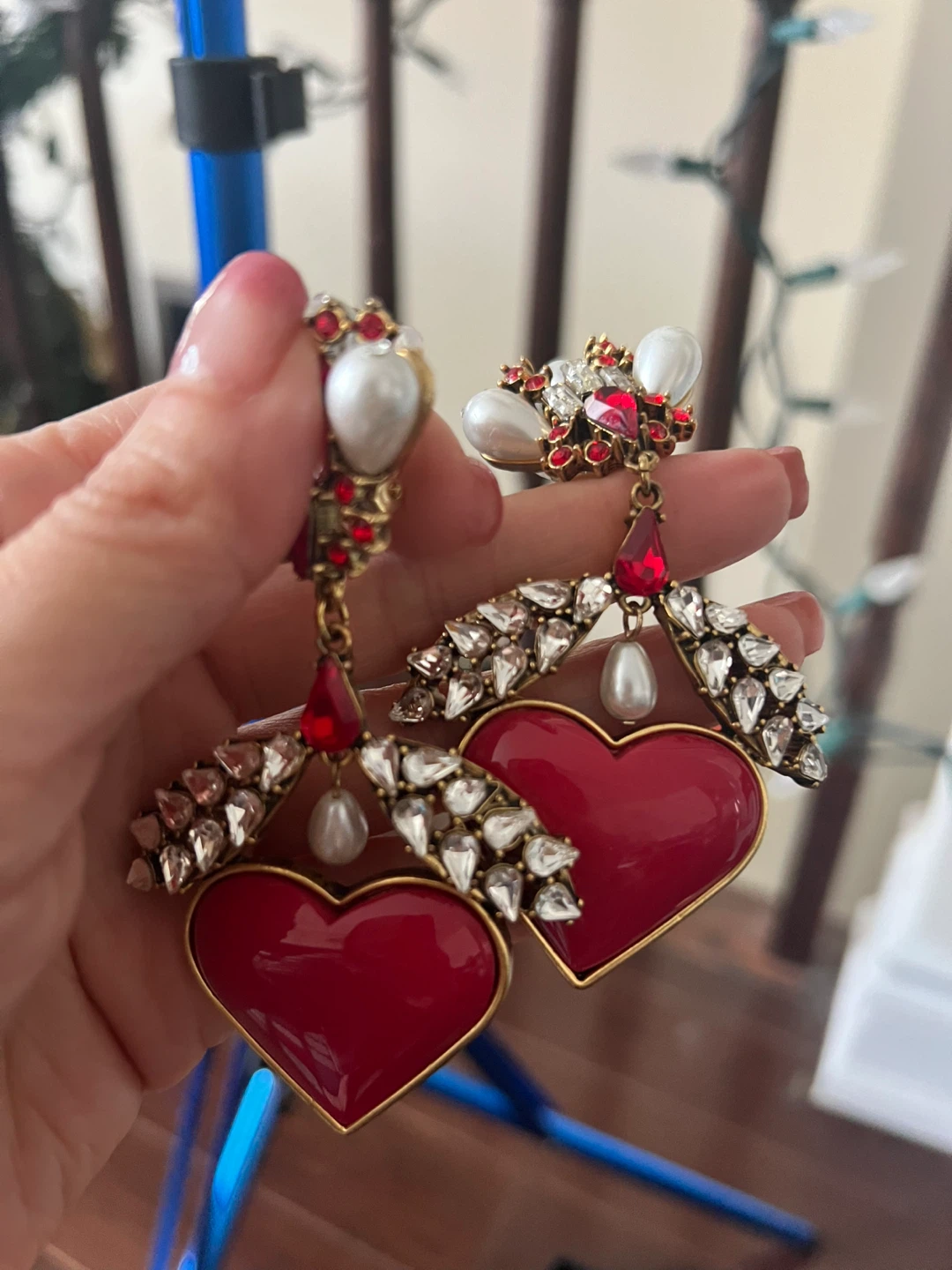 Red Heart Statement Earrings with Rhinestones and Pearls - photo 2