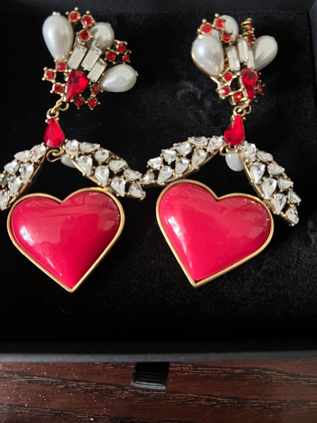 Red Heart Statement Earrings with Rhinestones and Pearls
