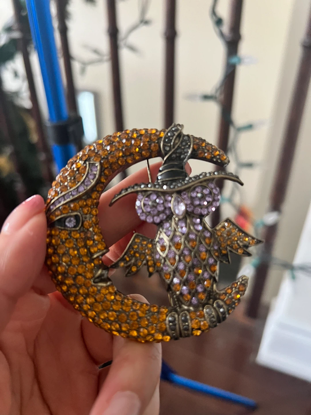 Owl on Moon Brooch with Crystals