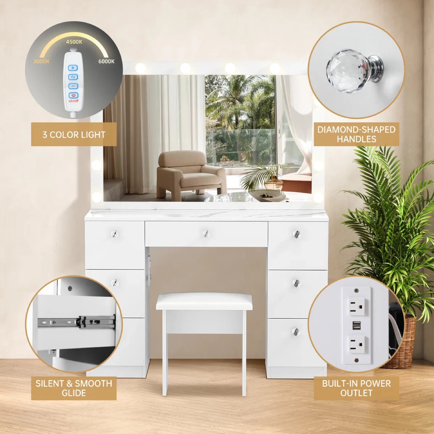 White Vanity Table with Lights and Stool with 7 Storages - photo 4