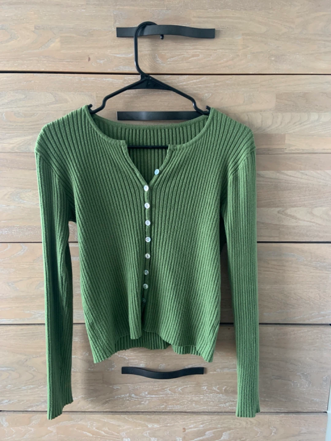 Green ribbed button-up long sleeve top