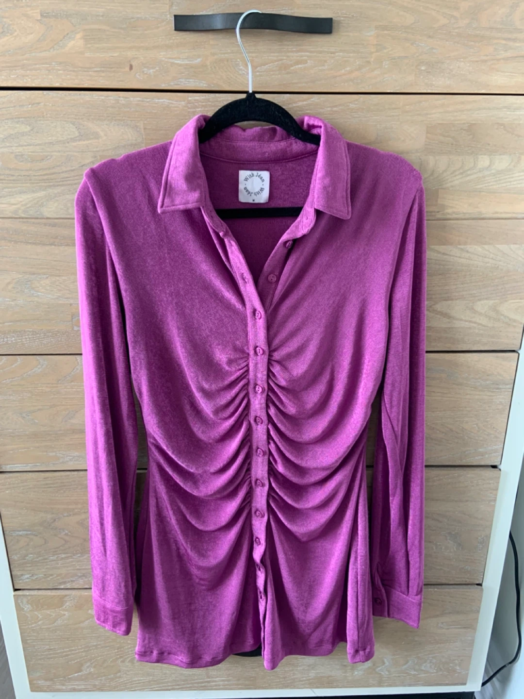 With Jean Ruched Button-Up Shirt Dress - Purple - Size M - photo 2