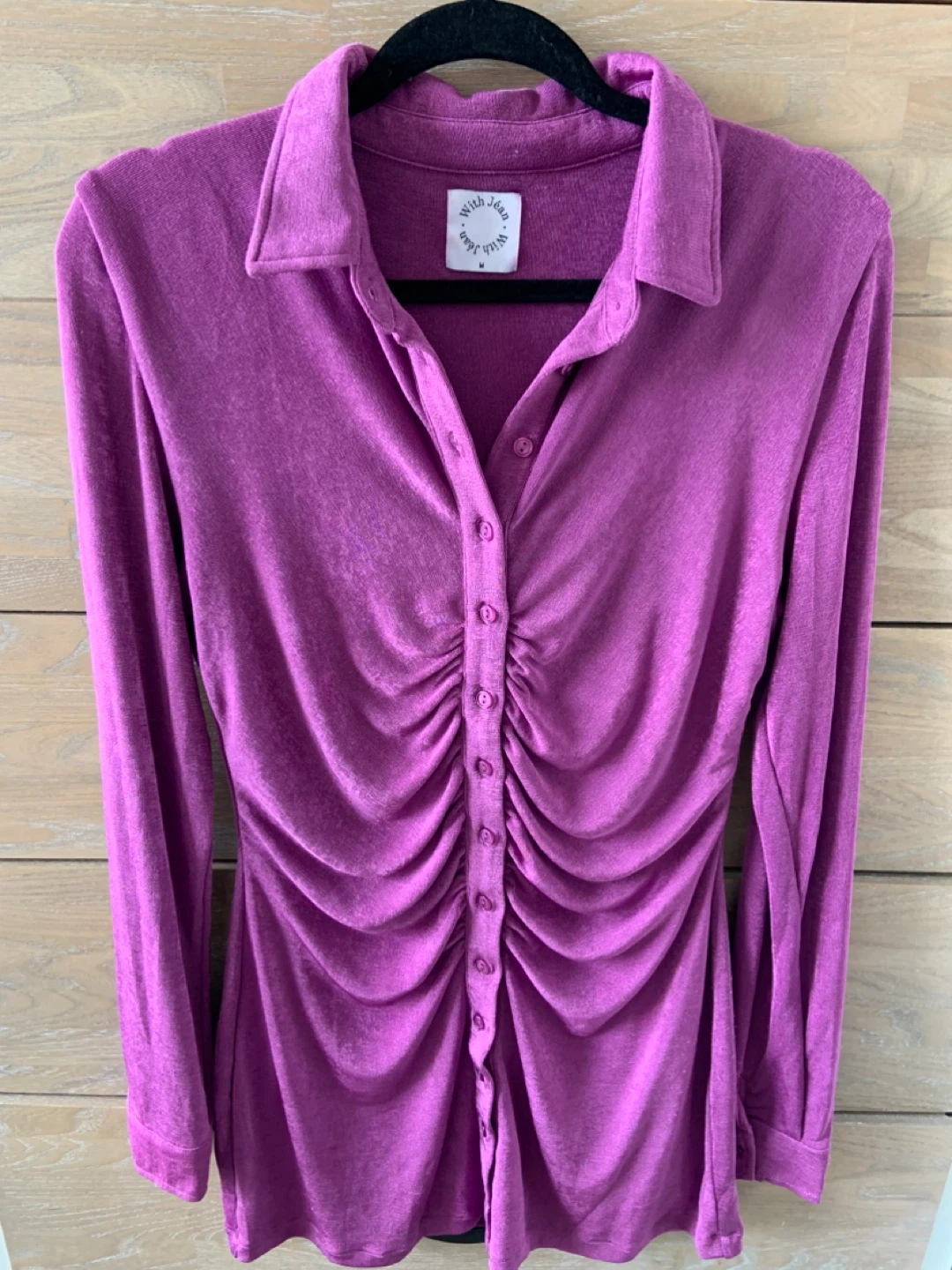 With Jean Ruched Button-Up Shirt Dress - Purple - Size M - photo 3