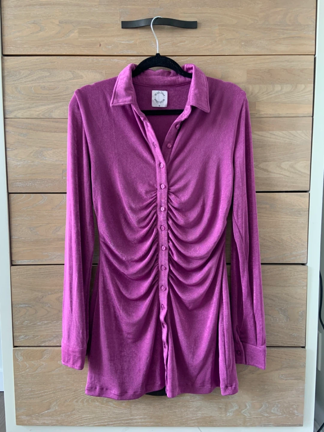 With Jean Ruched Button-Up Shirt Dress - Purple - Size M