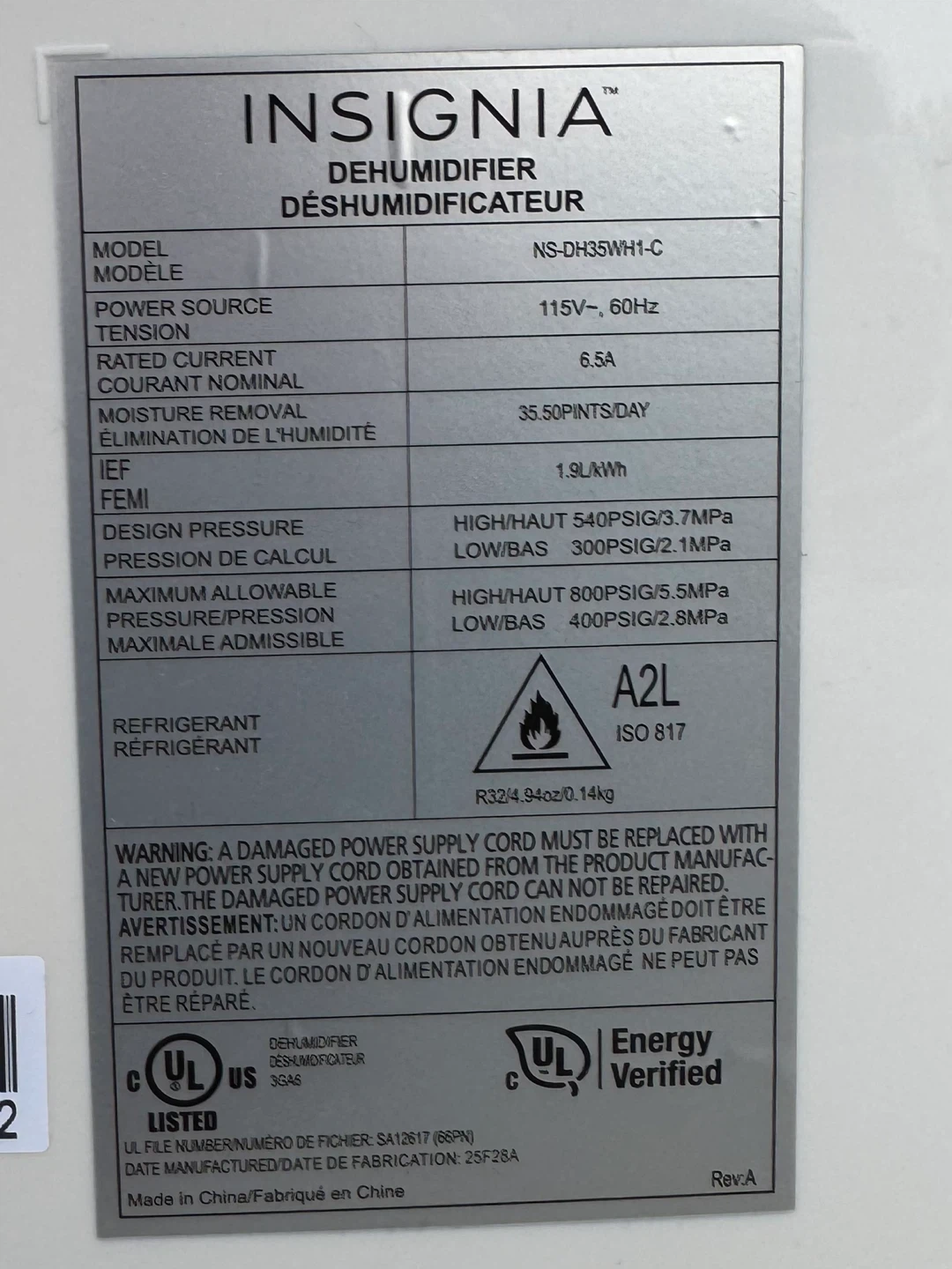 Insignia 35 Pint Dehumidifier NS-DH35WH1-C - photo 3