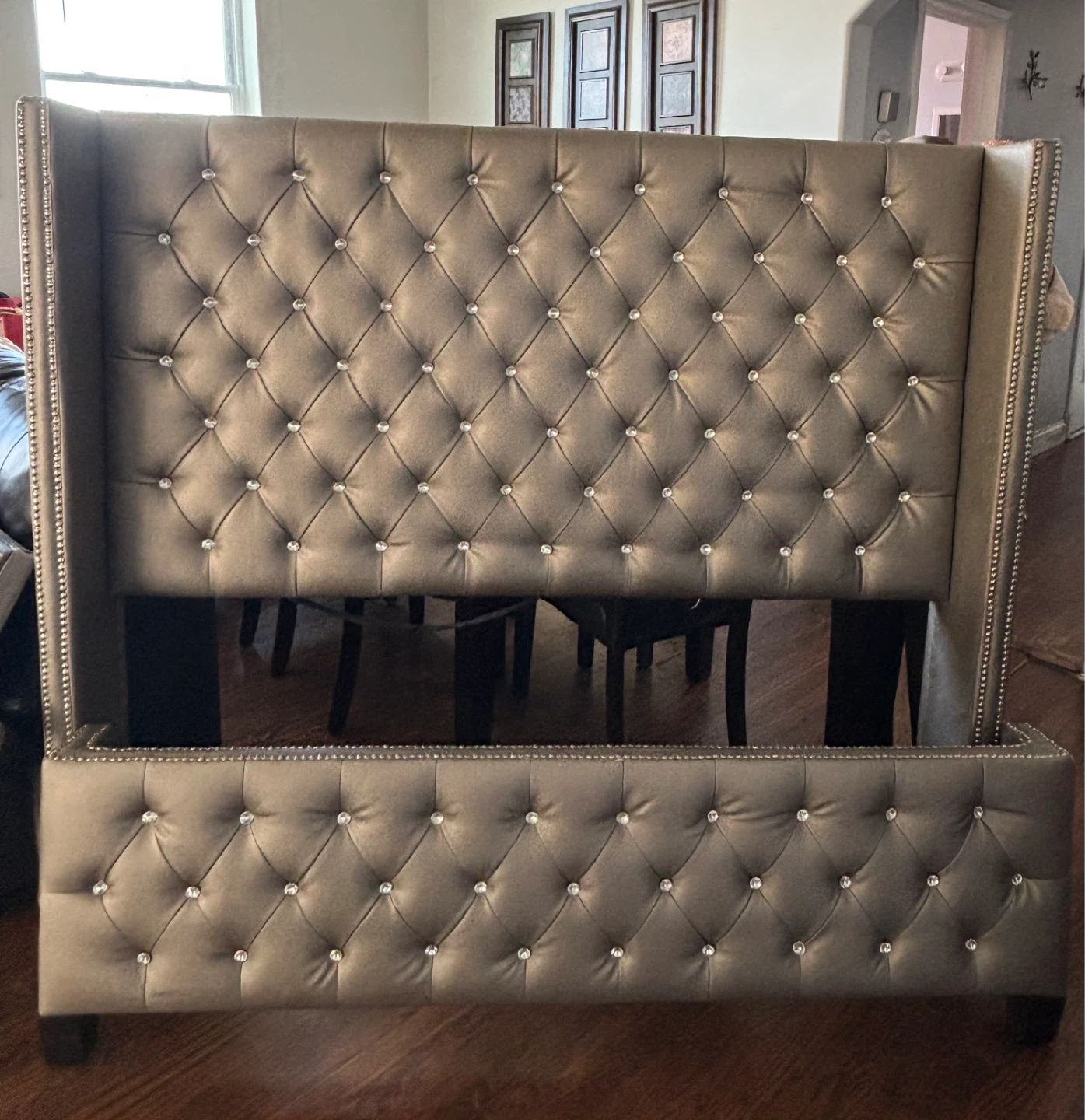 Tufted Upholstered Bed Frame with Crystal Accents