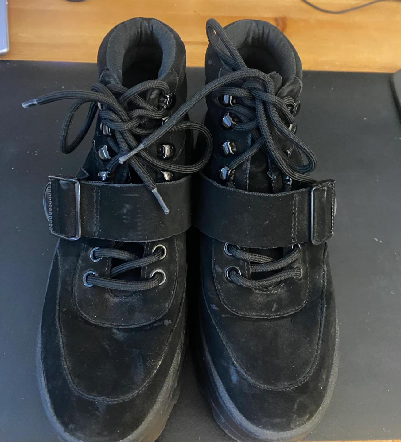 Black Suede Lace-Up Boots with Buckle Strap