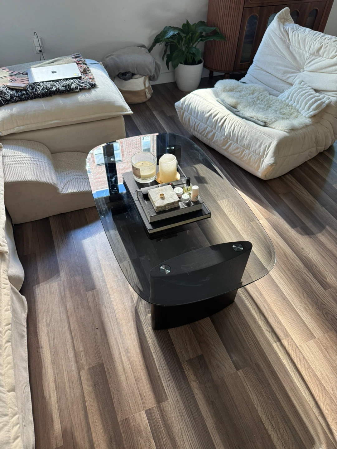 Modern Glass Coffee Table with Wood Base