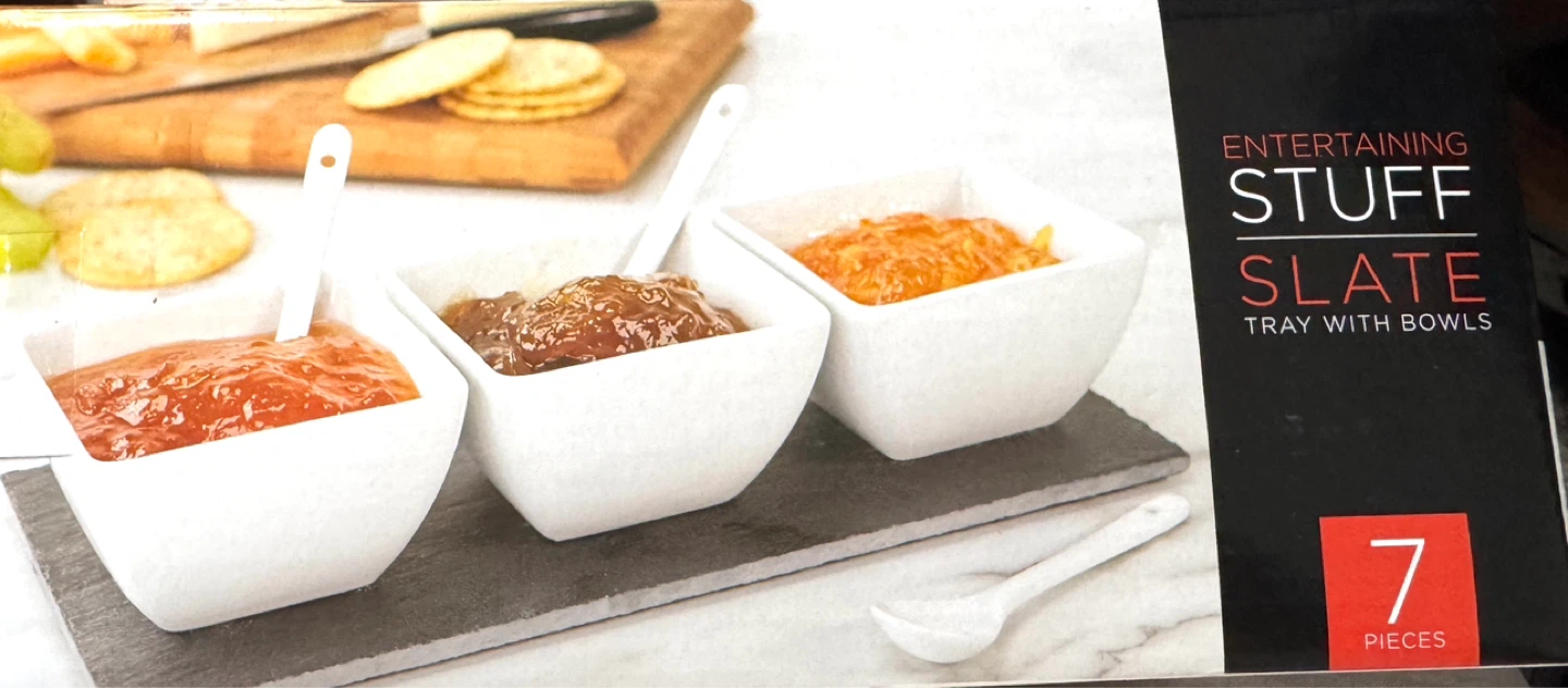 EntertainingStuff Slate Tray with 3 White Porcelain Bowls