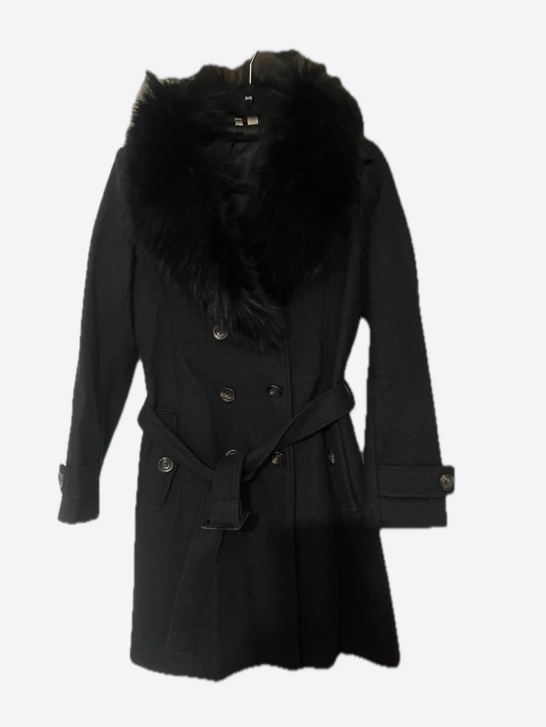 Black Wool Blend Coat with Faux Fur Collar