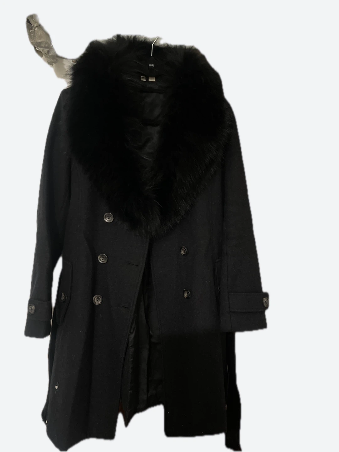 Black Wool Blend Coat with Faux Fur Collar - photo 2