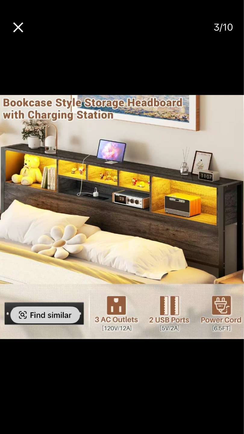 Queen Size Bed Frame with Bookcase Storage