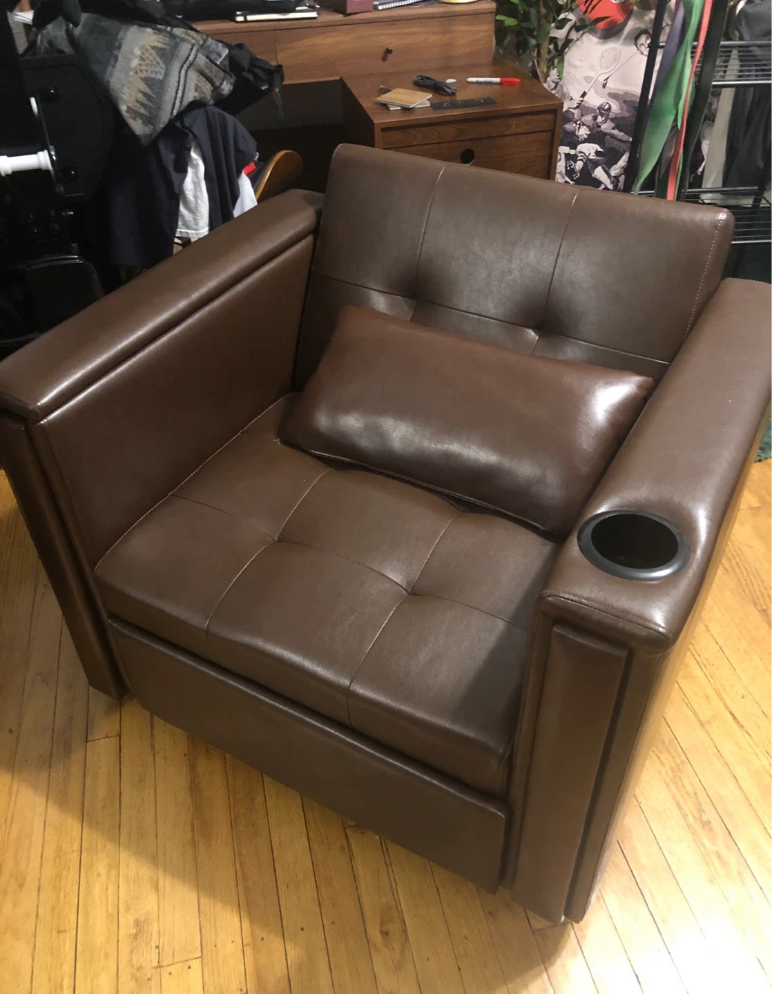 Brown Faux Leather Chair Futon and Tray Table