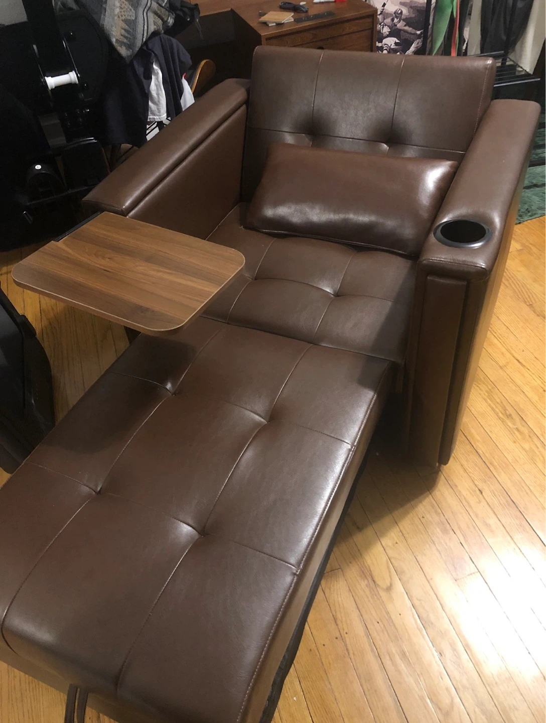 Brown Faux Leather Chair Futon and Tray Table - photo 3