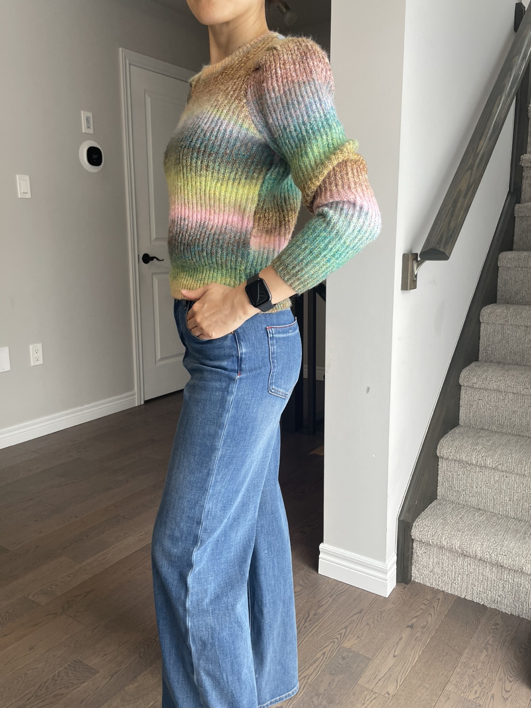 Rainbow Striped Sweater with Puff Sleeves, M - photo 2