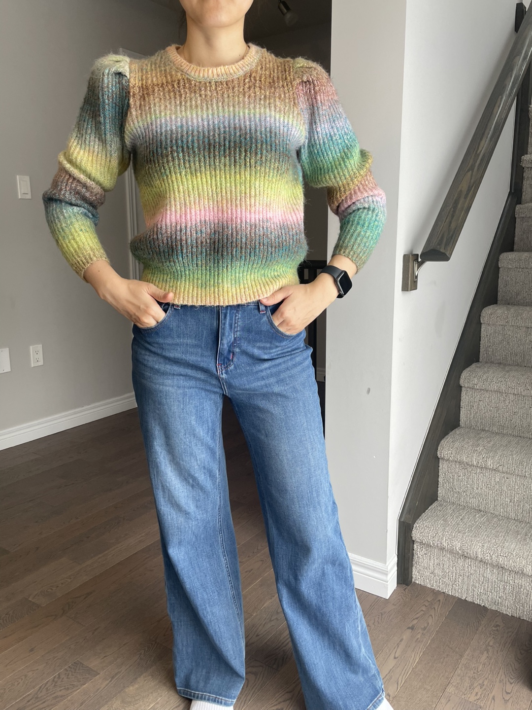 Rainbow Striped Sweater with Puff Sleeves, M