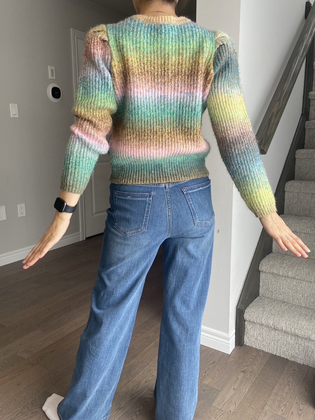 Rainbow Striped Sweater with Puff Sleeves, M - photo 3
