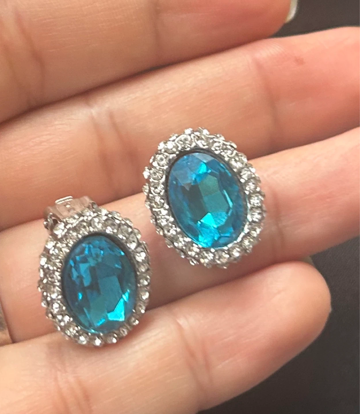 Blue Gemstone and Rhinestone Oval Clip-On Earrings