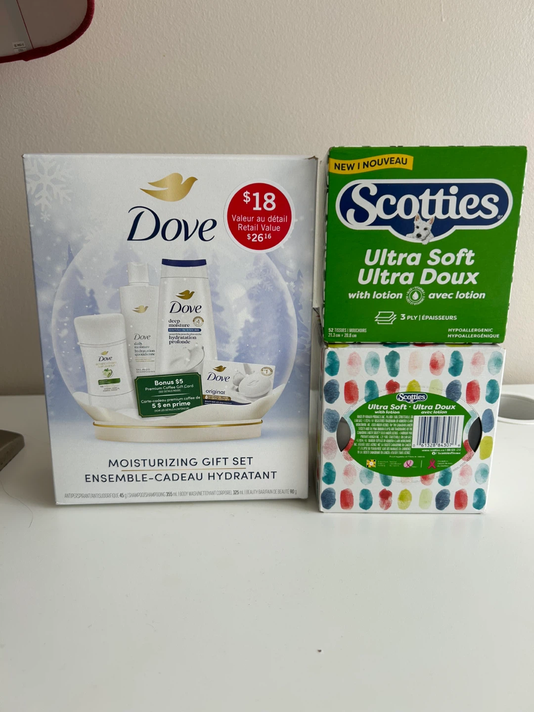 Dove Moisturizing Gift Set & Scotties Tissues