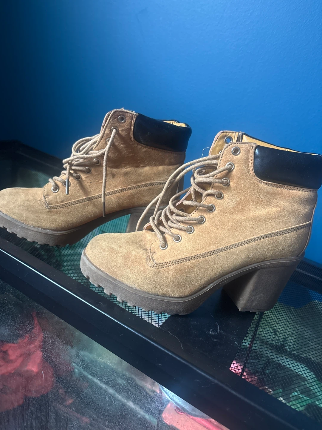 Tan Suede Heeled Lace-Up Boots