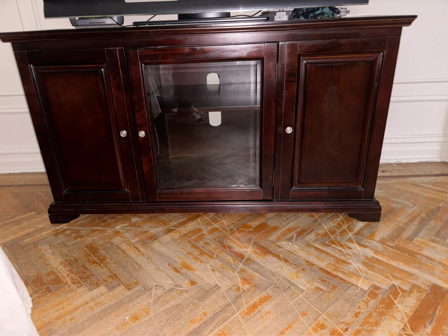 Dark Wood TV Stand with Glass Door Cabinet
