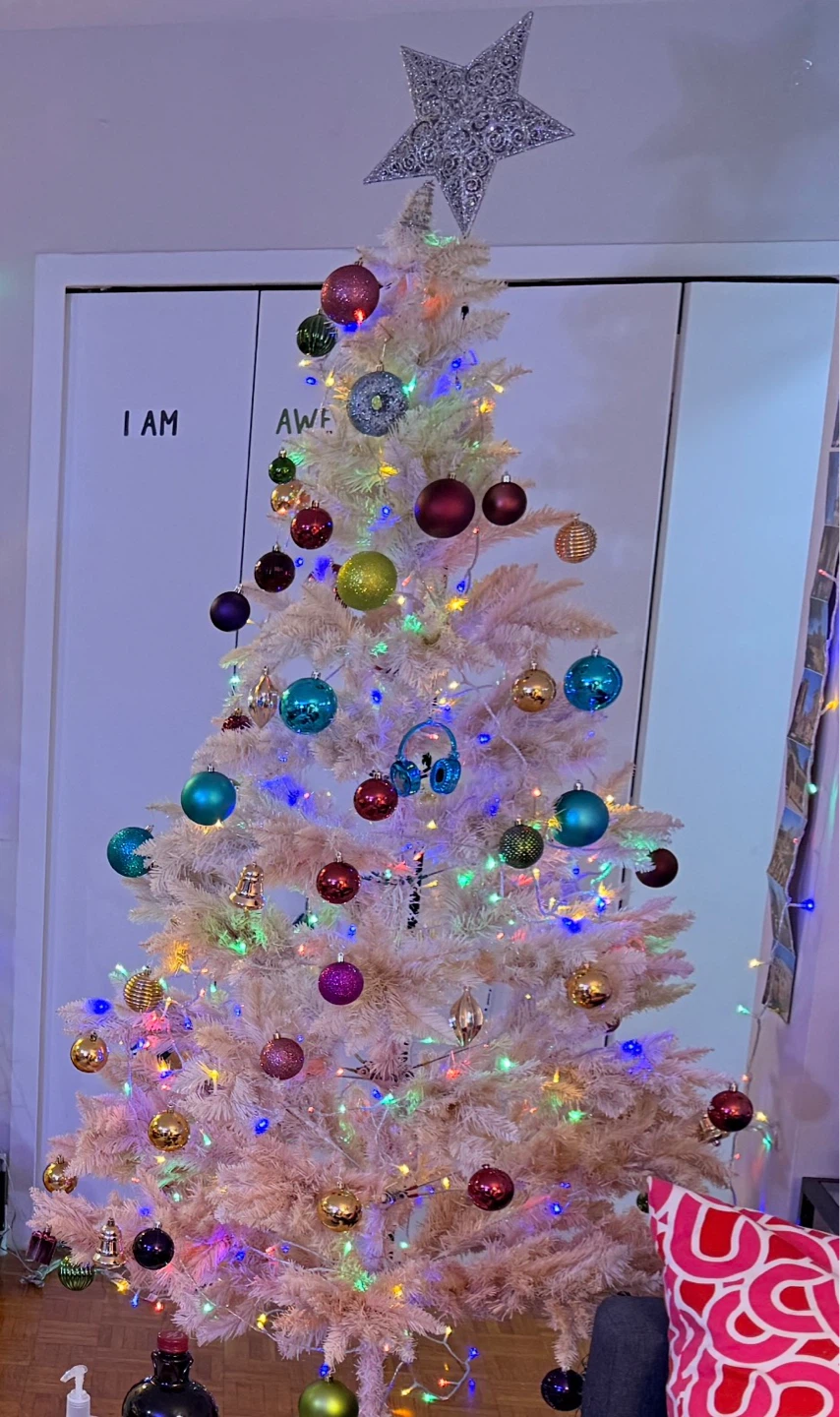 White Pinkish Christmas Tree with Ornaments and Lights