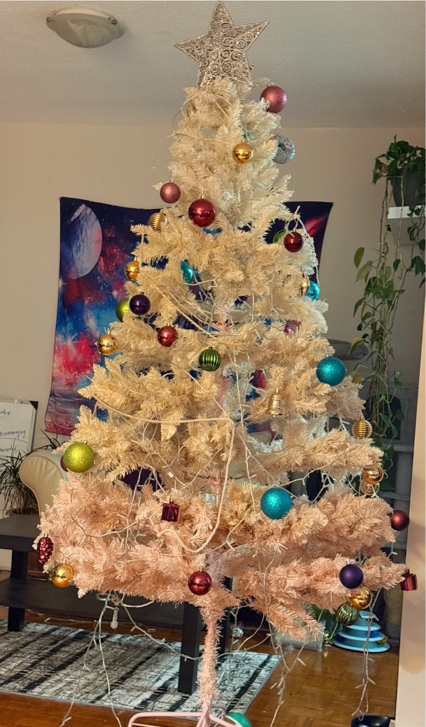 White Pinkish Christmas Tree with Ornaments and Lights - photo 2