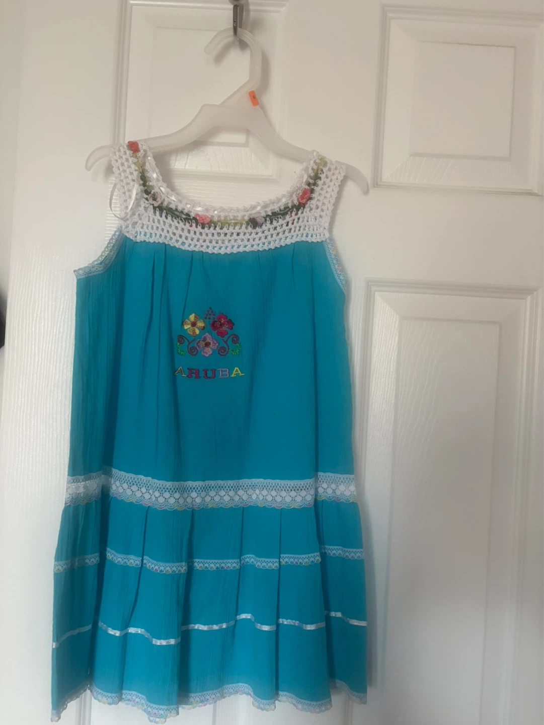 Turquoise Embroidered Dress with 'ARUBA' text