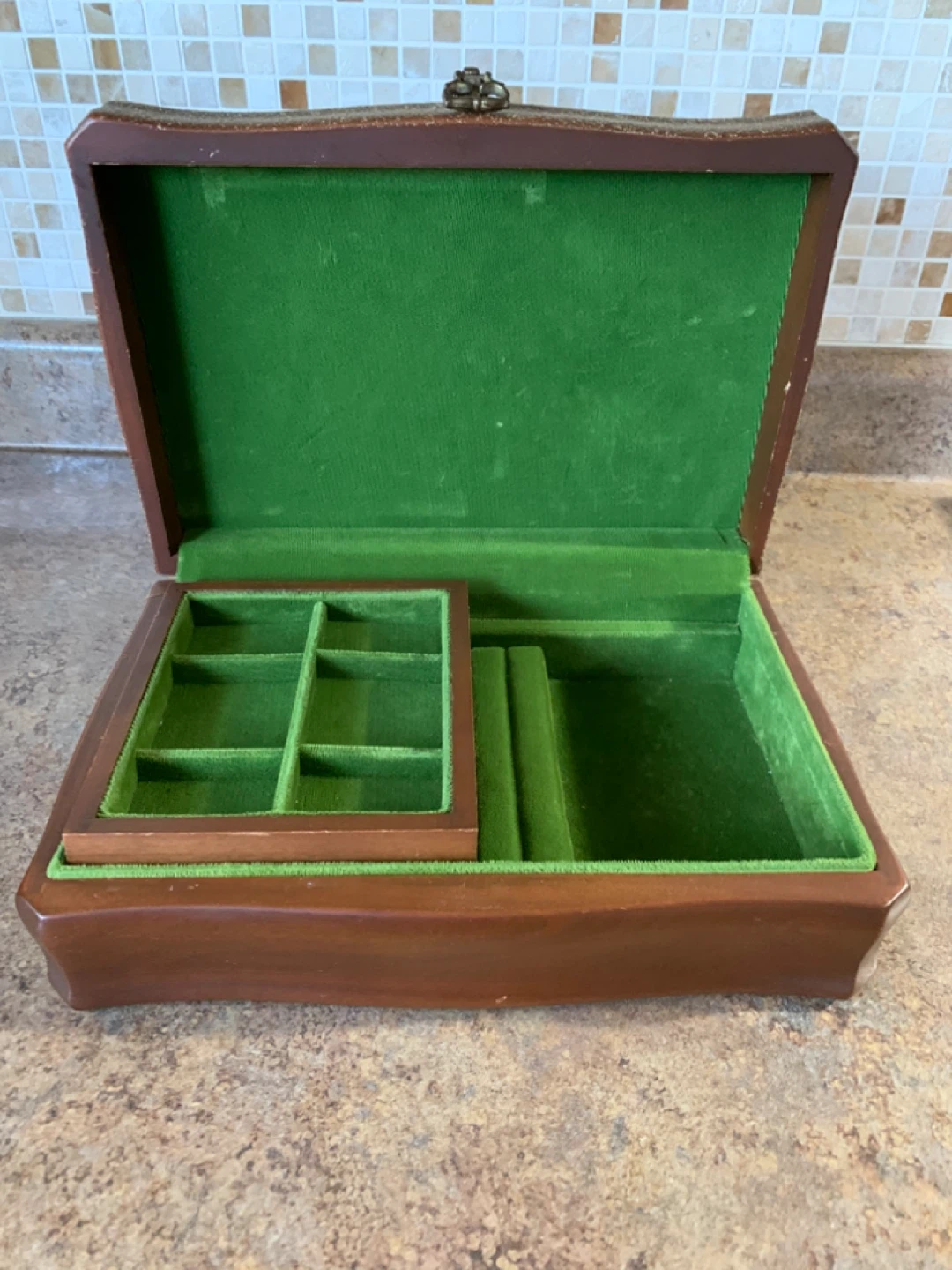 Vintage Wooden Jewelry Box with Green Velvet Lining - photo 2