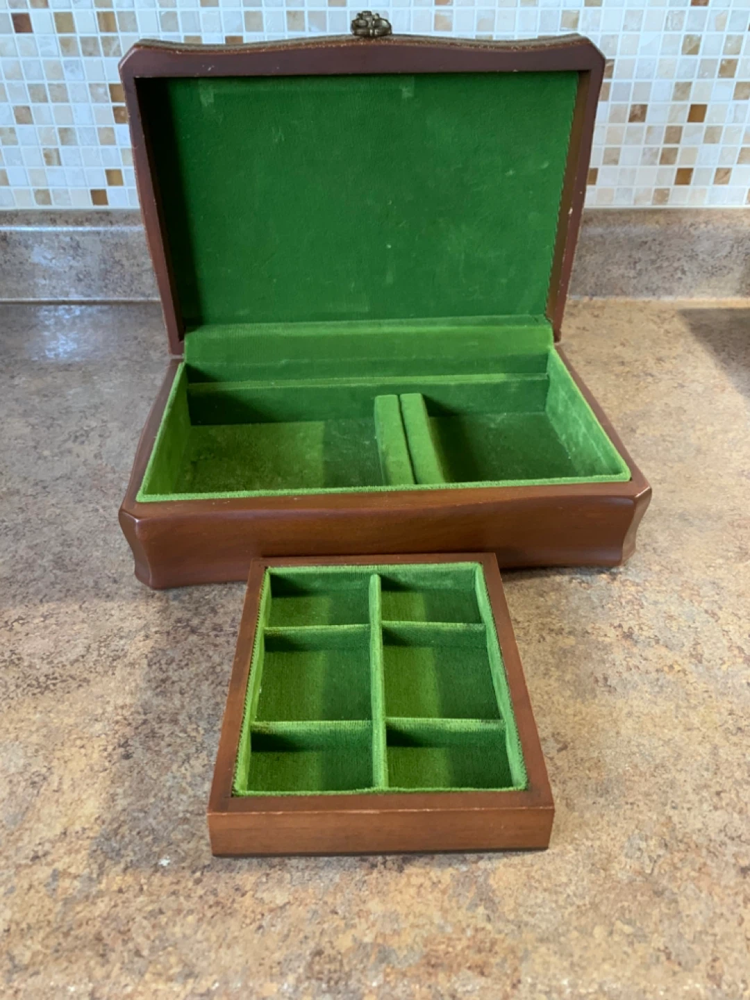 Vintage Wooden Jewelry Box with Green Velvet Lining - photo 3