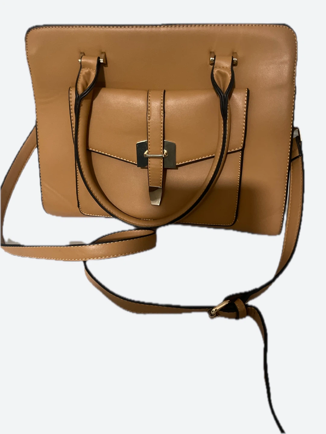 Tan Faux Leather Satchel Handbag with Adjustable Strap