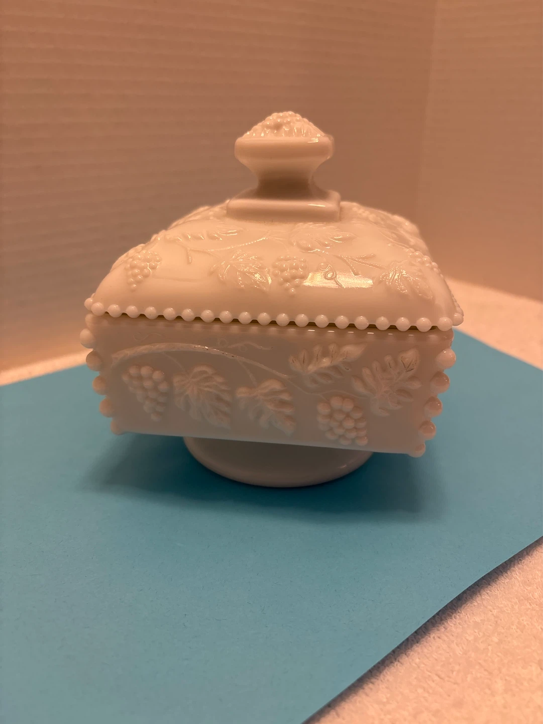 White Milk Glass Square Trinket Dish with Lid