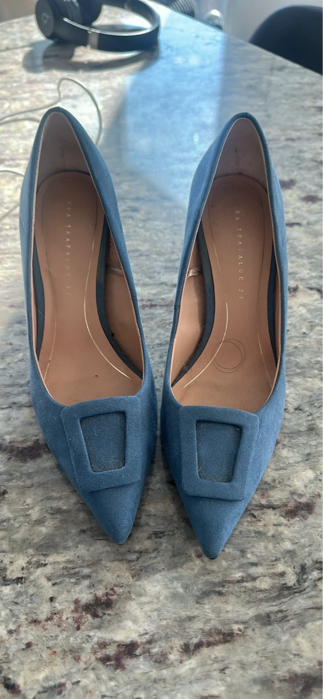 Zara Blue Suede Pointed Toe Heels - Size 37