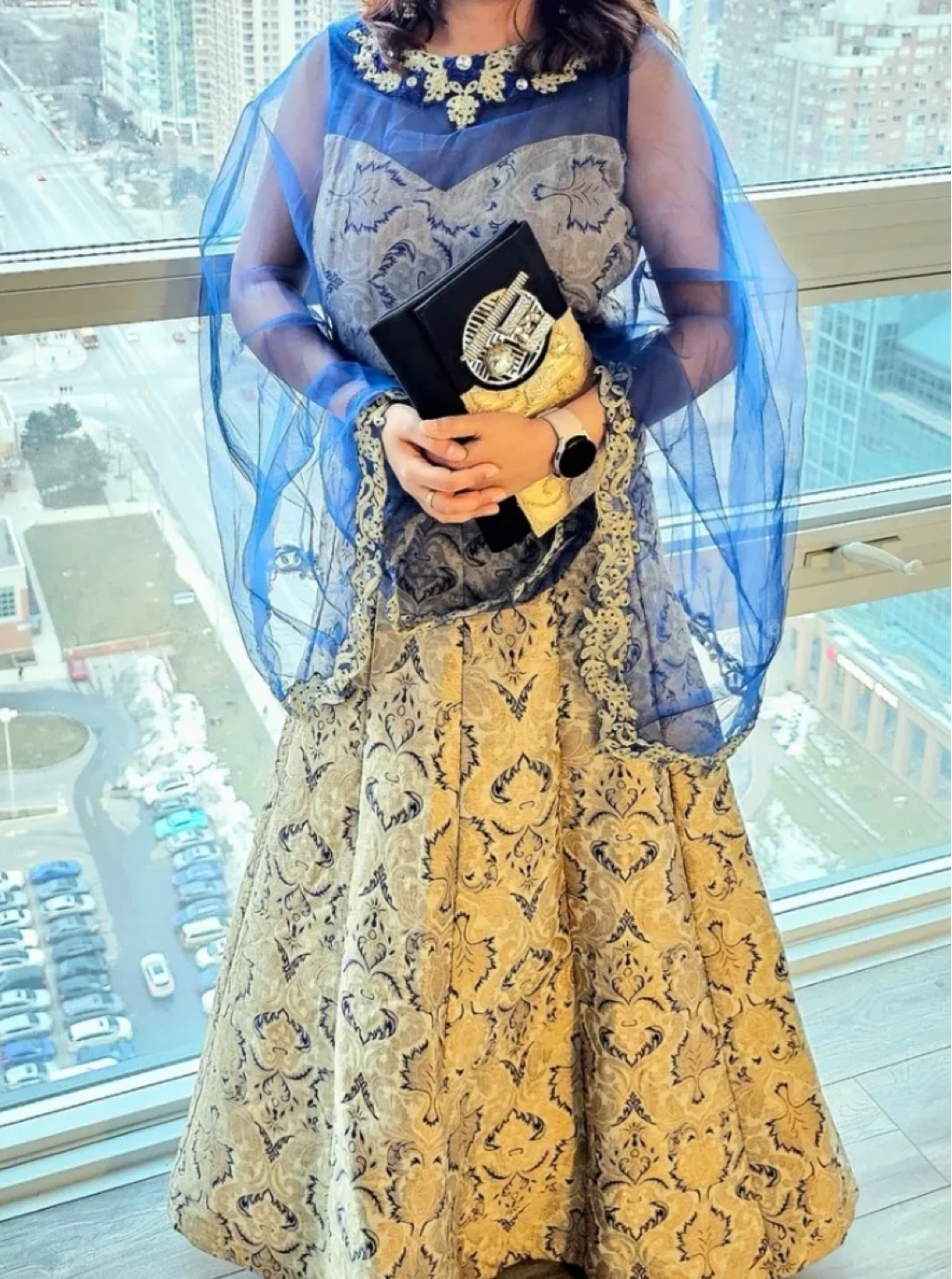 Women's Blue and Gold Brocade Dress