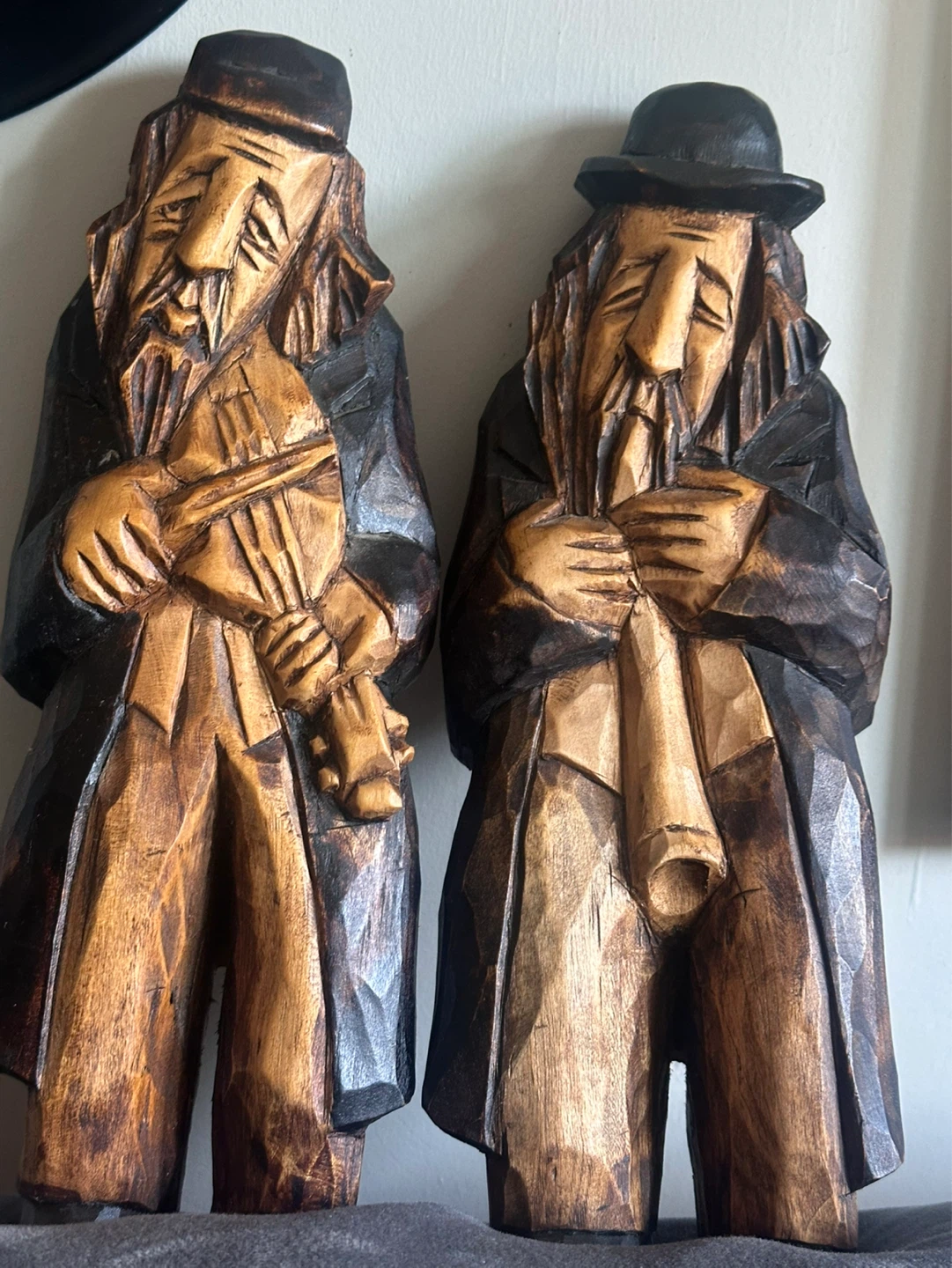 Pair of vintage signed wood  band player carvings