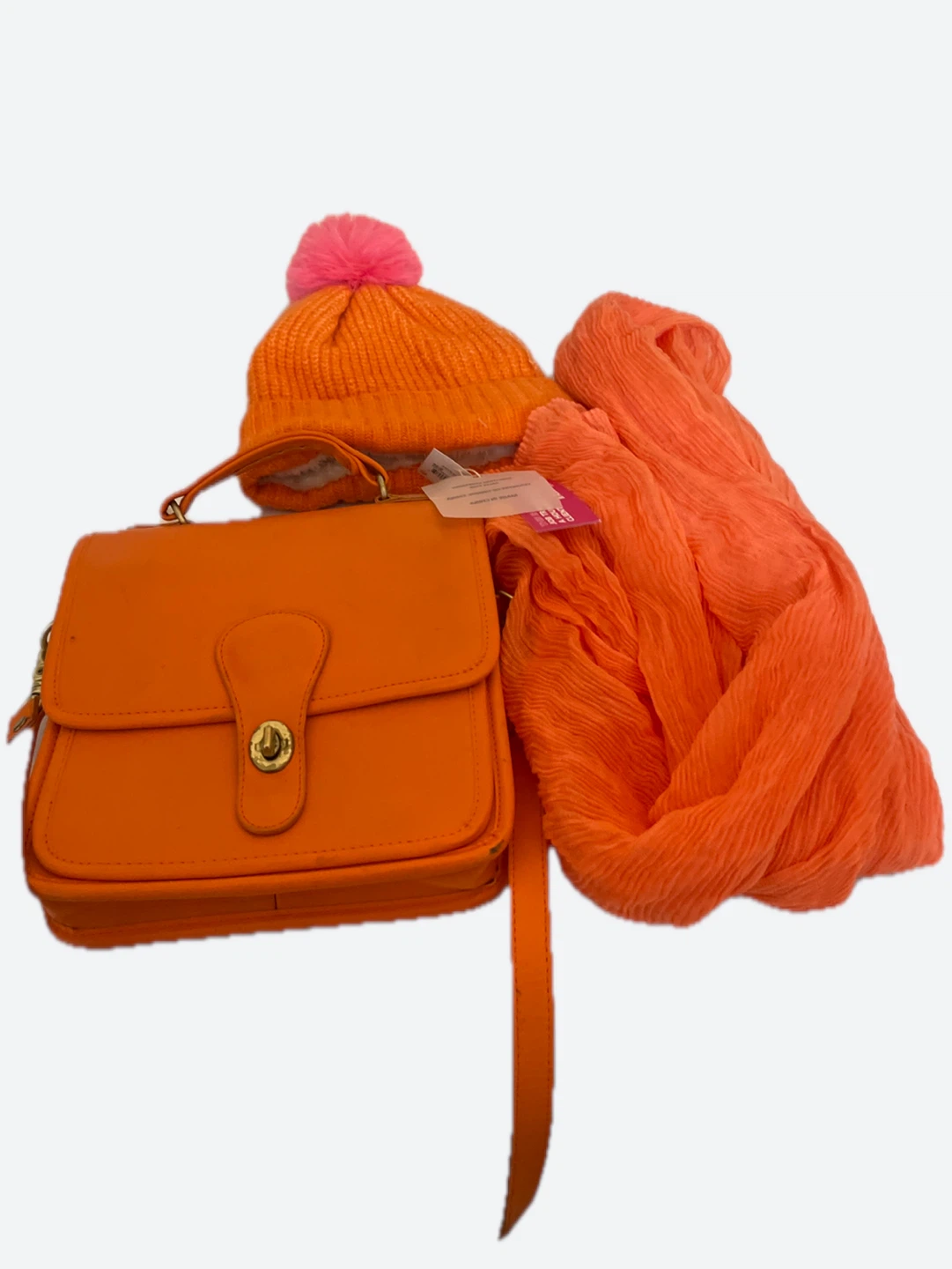 Orange Leather Crossbody Handbag & Knit Beanie Hat Set