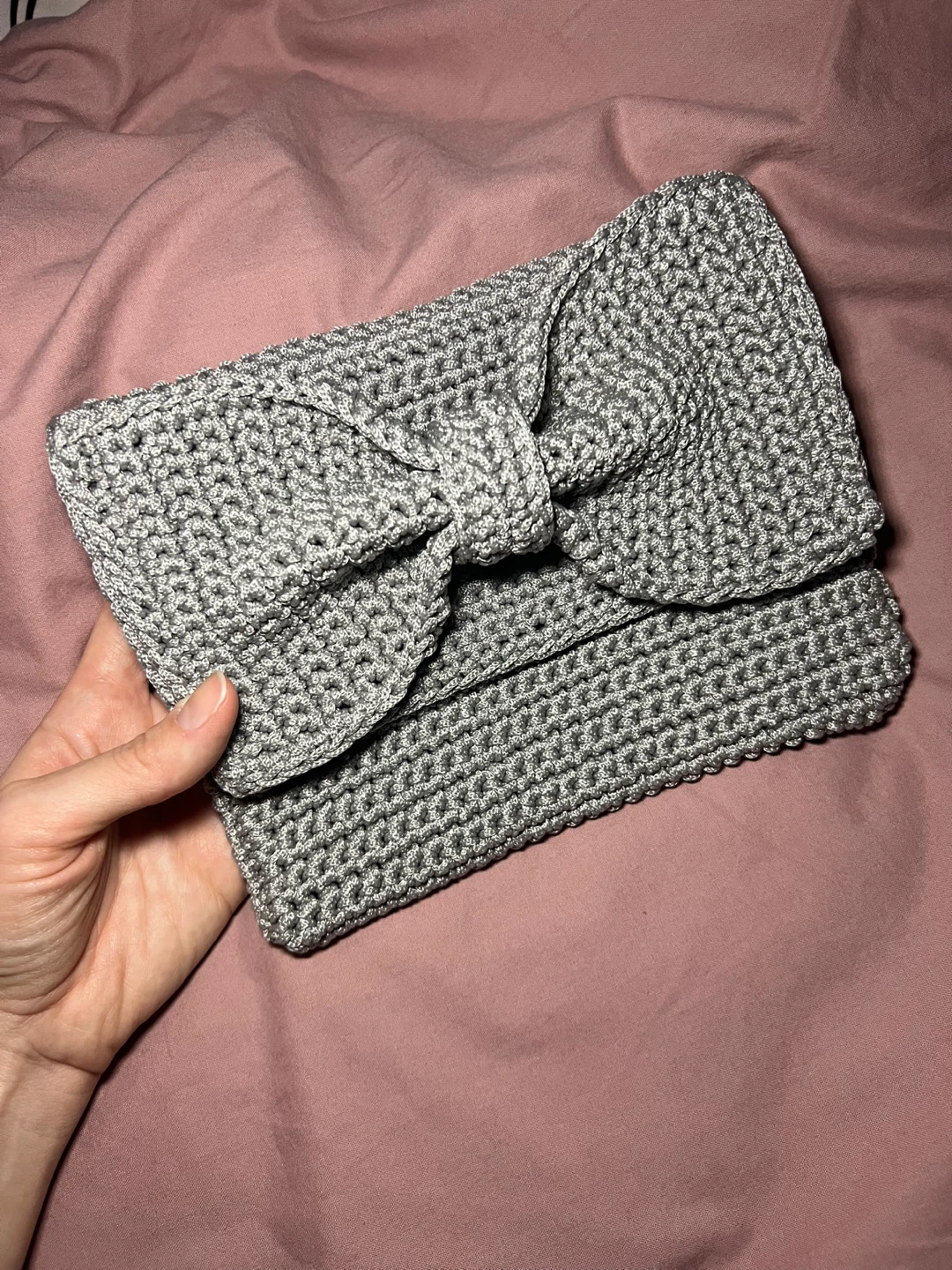 Grey Crochet Clutch with Bow Detail