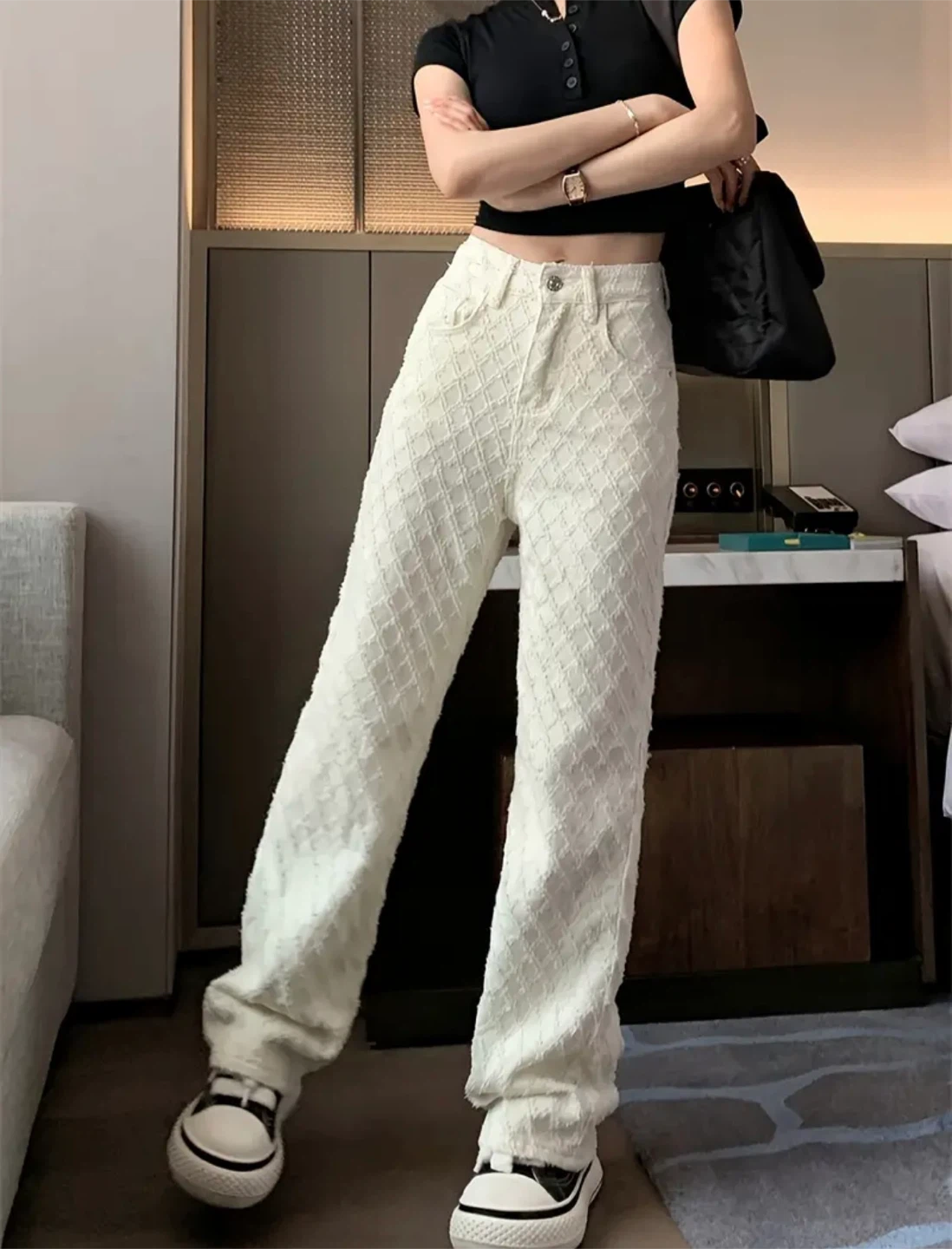 New White Textured Wide Cotton Leg Jeans