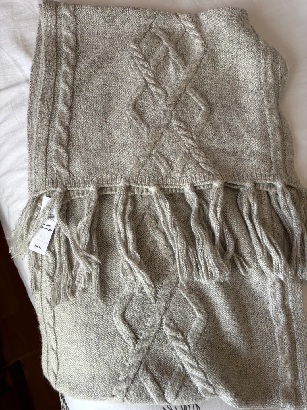 Grey Cable Knit Scarf with Fringe