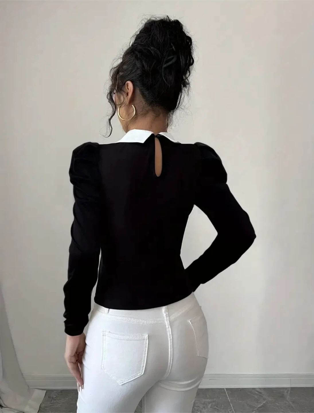 New Black Puff Sleeve Top with White Collar & Pearl Details - photo 2