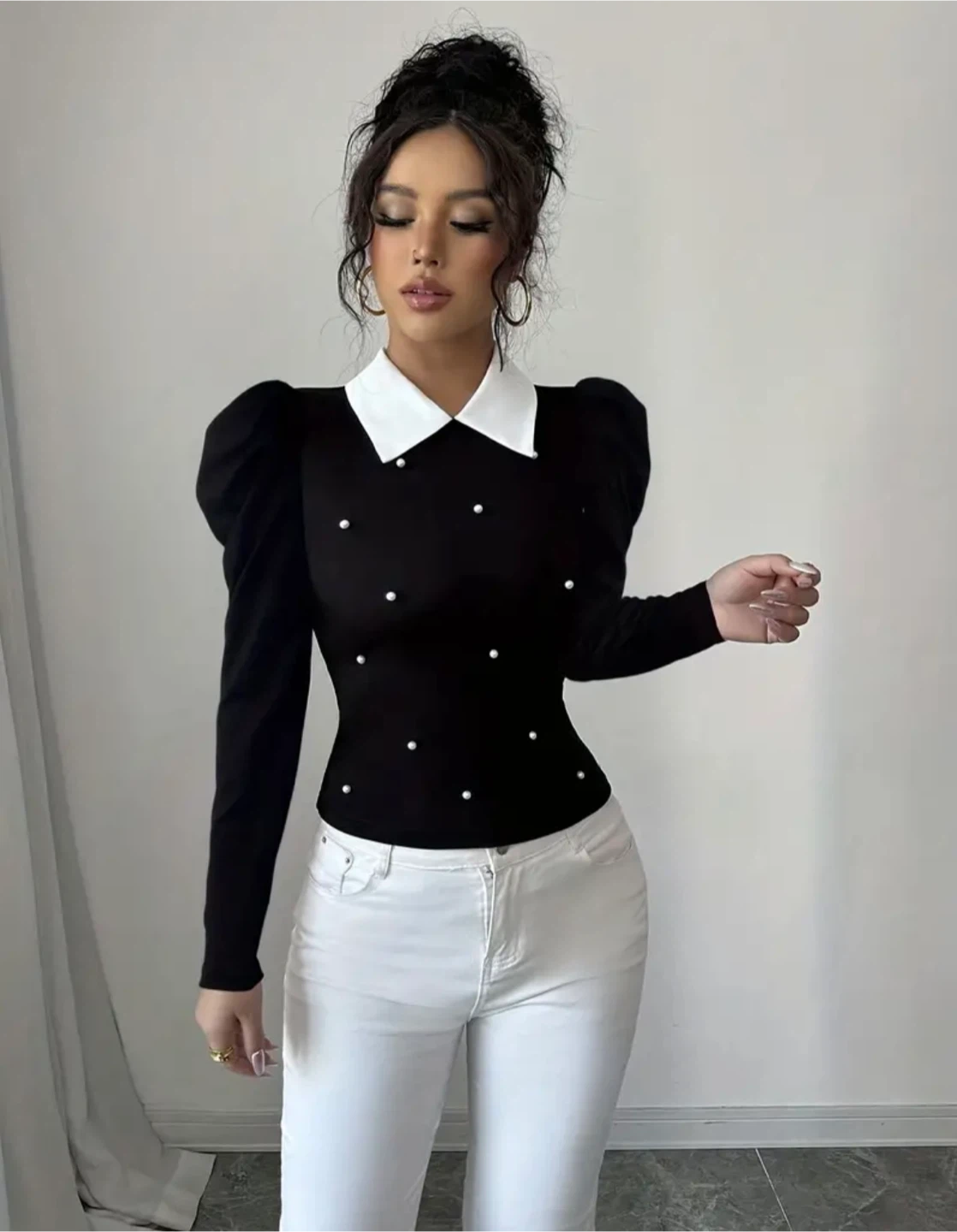 New Black Puff Sleeve Top with White Collar & Pearl Details - photo 4