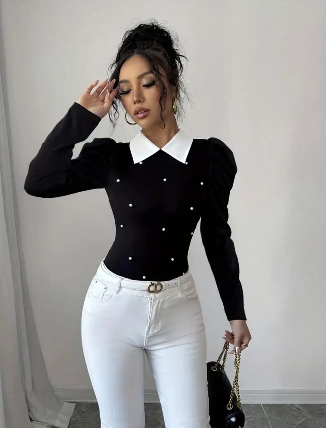 New Black Puff Sleeve Top with White Collar & Pearl Details - photo 3