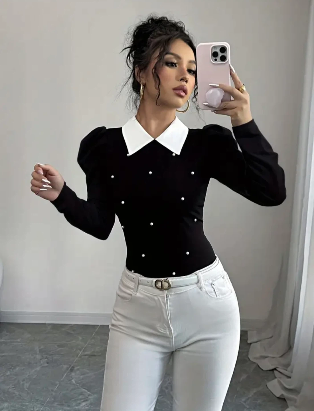 New Black Puff Sleeve Top with White Collar & Pearl Details