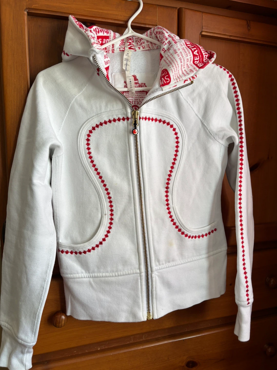 Lululemon White Hoodie with Red Maple Leaf Embroidery