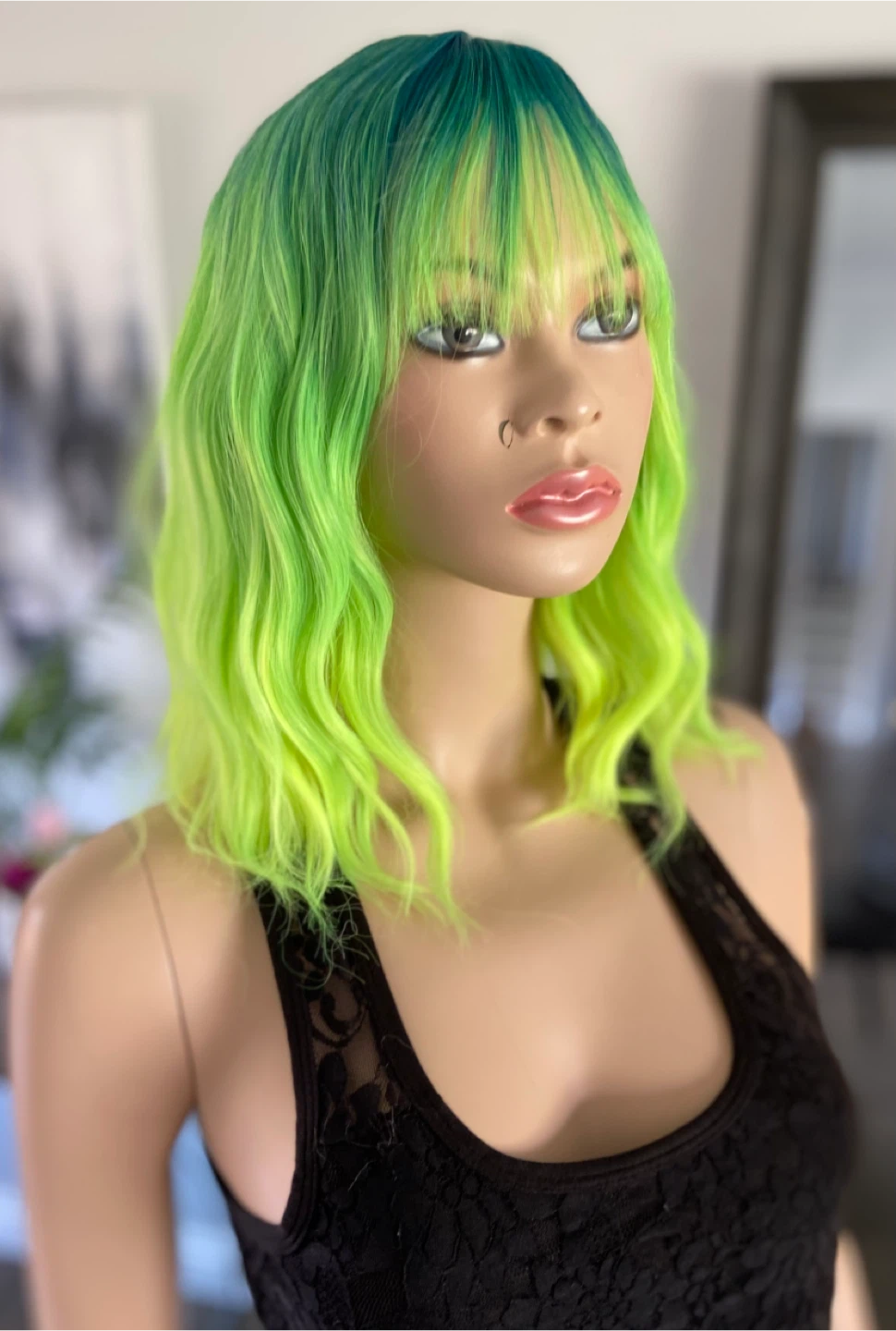 NEW Wavy Neon Green  Synthetic Wig w/ Bangs (2186)