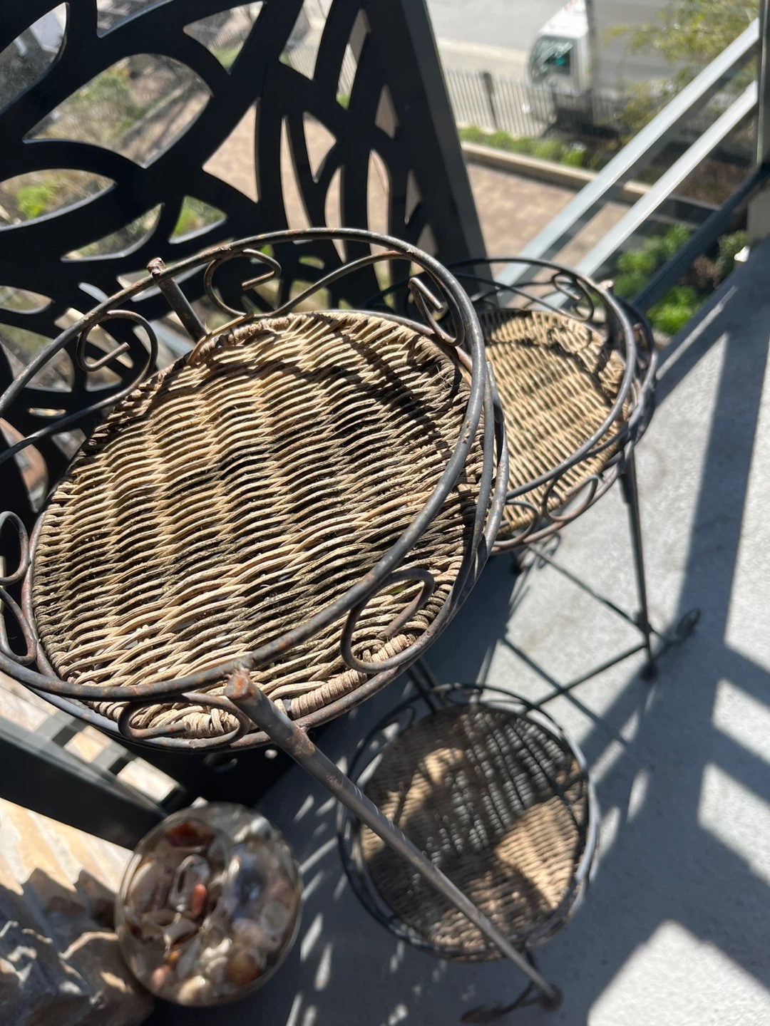 Iron & Wicker Tiered Plant Stand