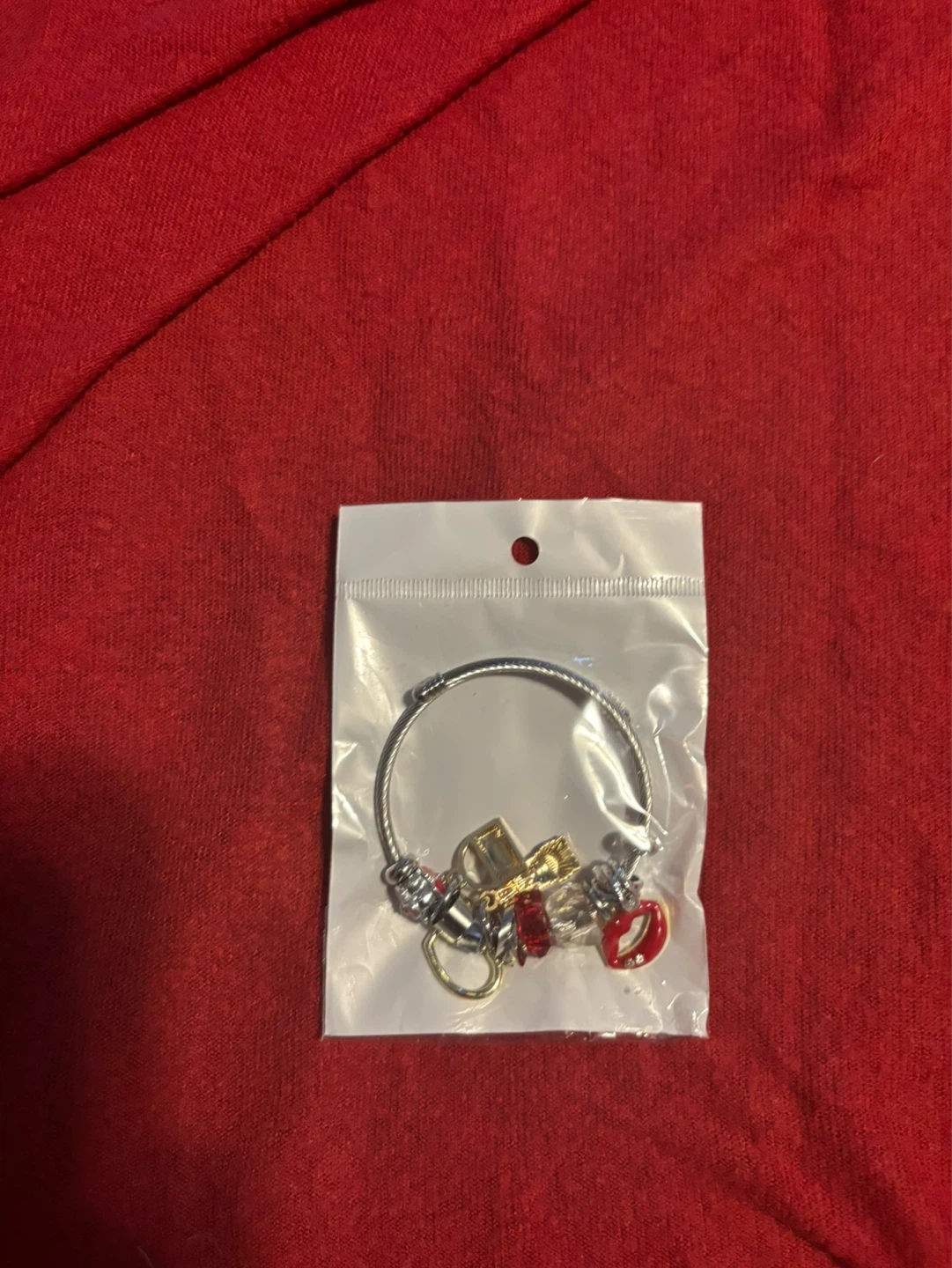 Charm Bracelet with Red Lips and Gold Accents